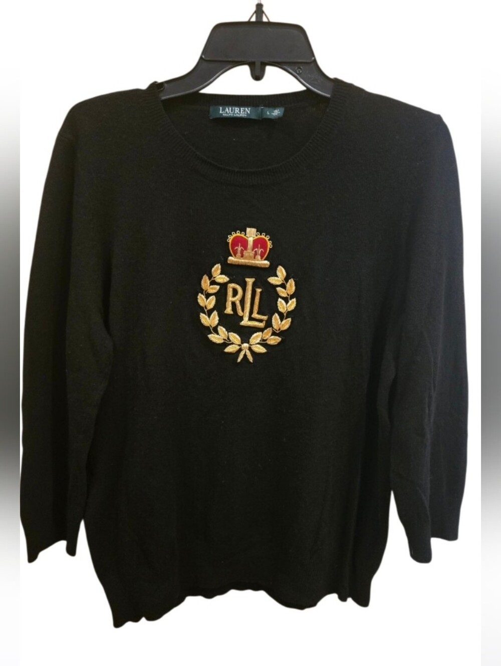 Lauren Ralph Lauren Black Cashmere+ wool Sweater + Gold Crest&Red Crown Sz L